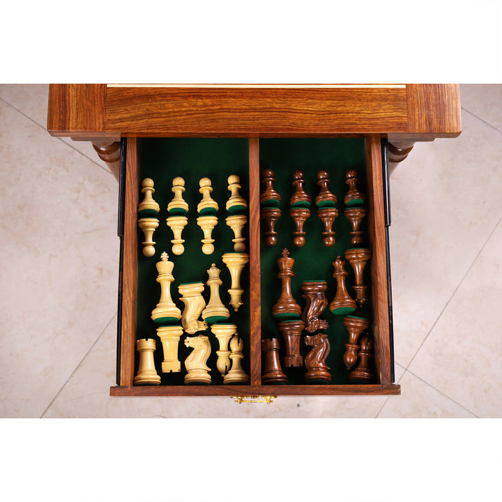 Combo of 30" Chessmaster's Series Golden Rosewood Chess Table with 4.1" Pro Staunton Weighted Golden Rosewood Pieces with Storage Drawers