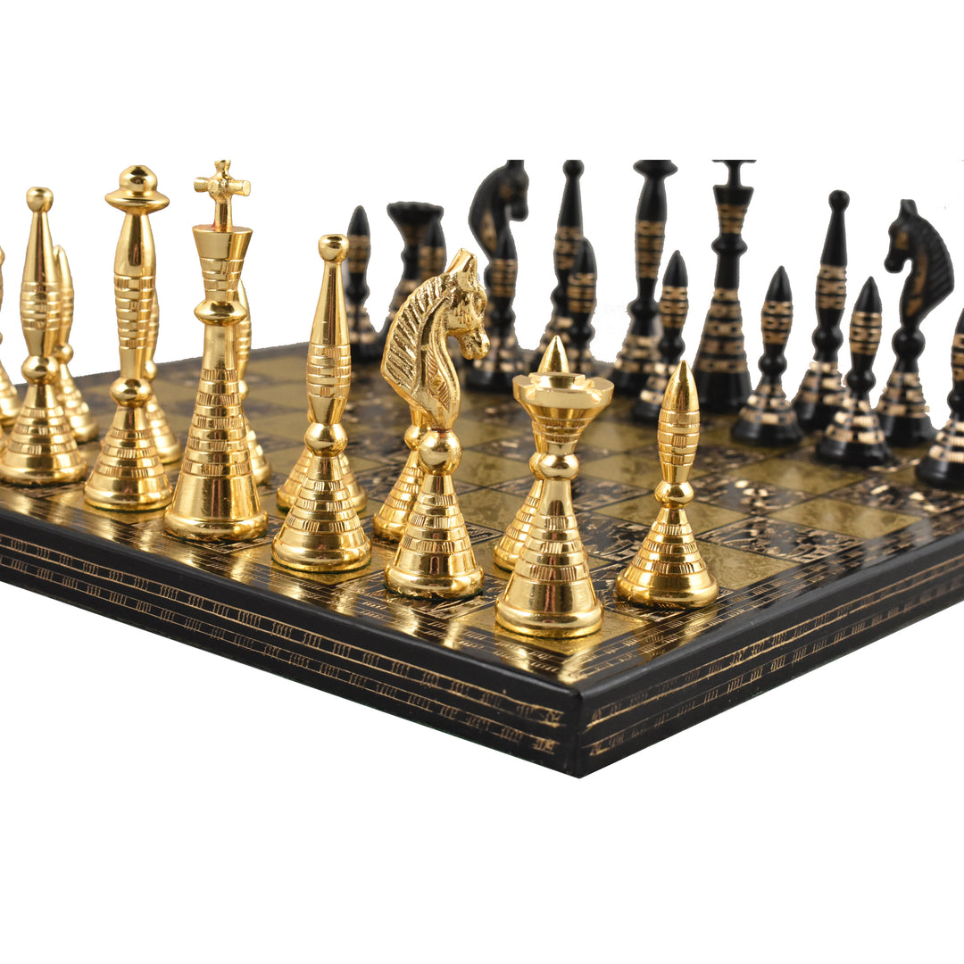 Slightly Imperfect Solid Brass Metal Tribal Artwork Luxury Chess Pieces & Board Set - Black & Gold - 12" - Warehouse Clearance - USA Shipping Only