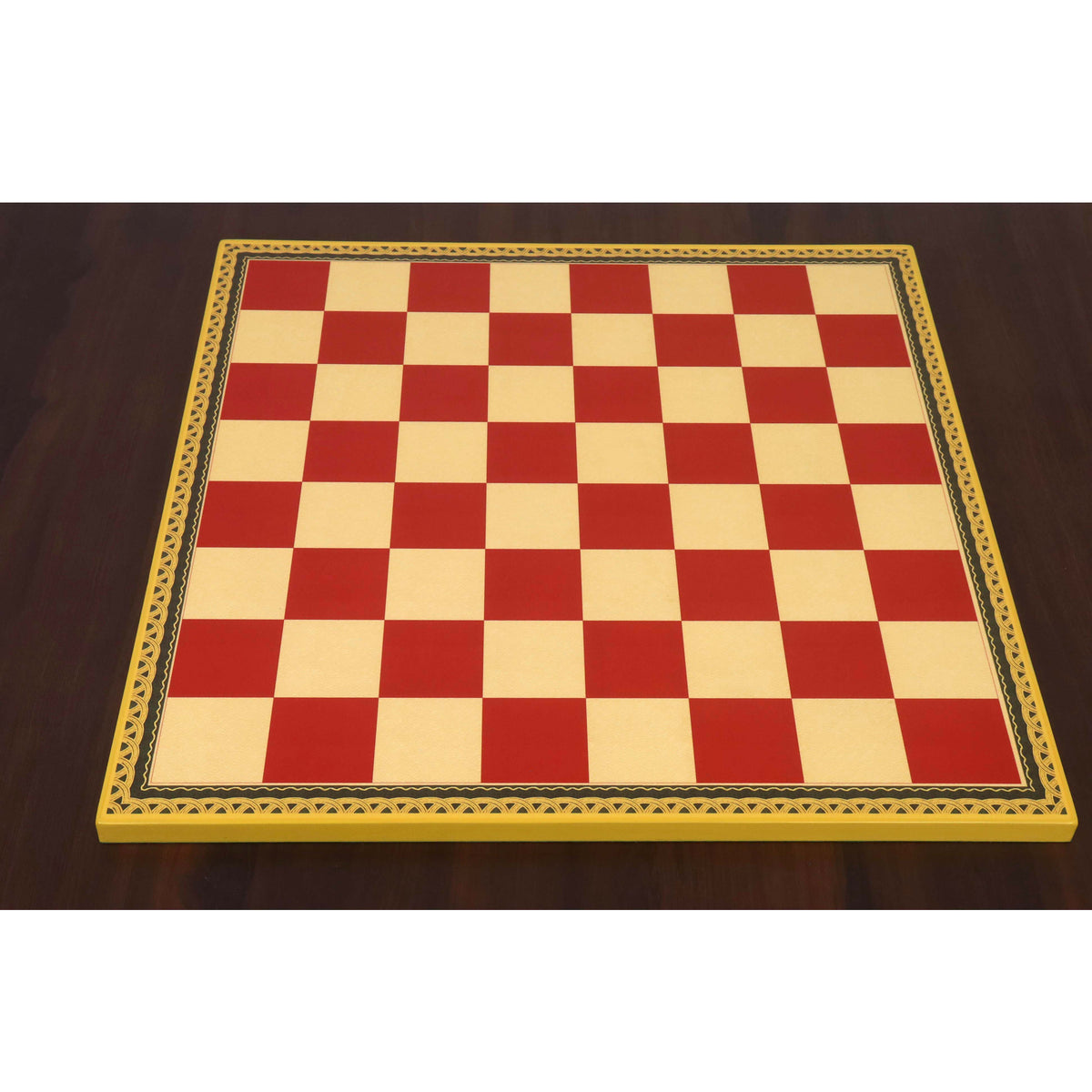 A high-angle view of a red and beige wooden chessboard for a chess set.
