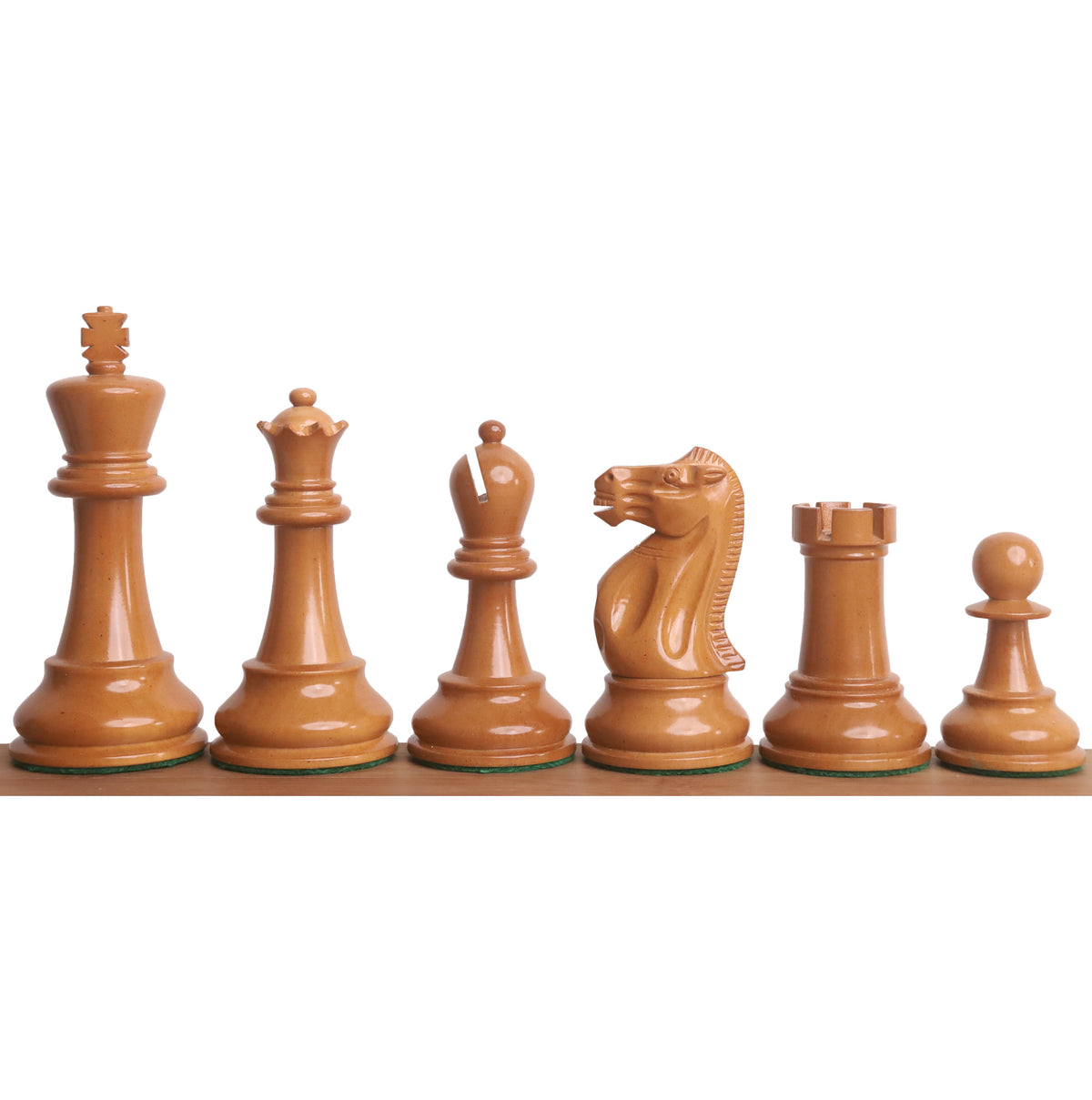 Lineup of Antiqued Lacquered Boxwood chess pieces from the 3.9" Lessing Staunton set, from King to Pawn.