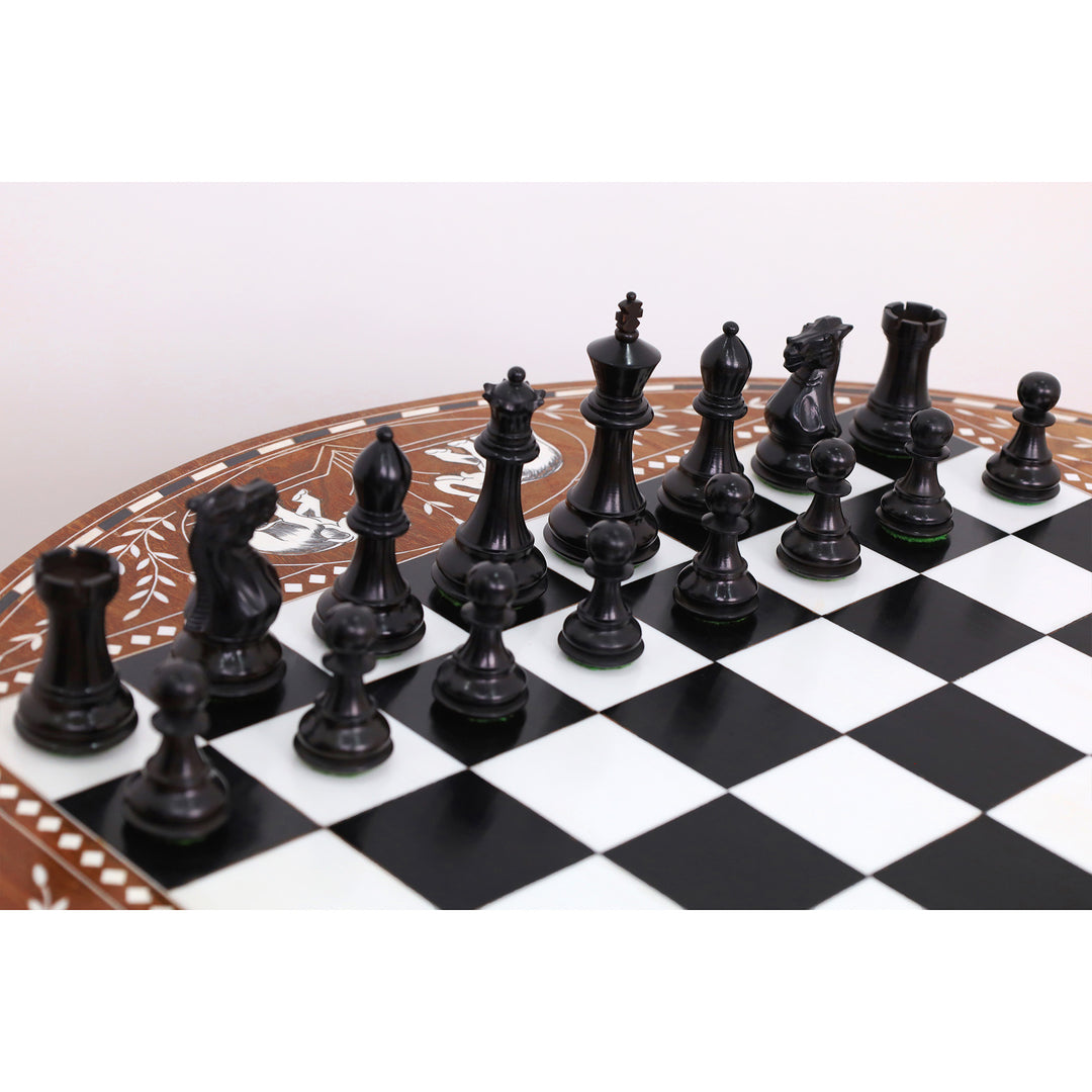 Mesa de Ajedrez Redonda Boutique de Lujo de 24" con Piezas de Ajedrez Staunton - Boj Ebonizado Contrapesado
