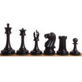 Professional line-up of handcrafted ebony wood chess pieces featuring a 4.2 inch King.