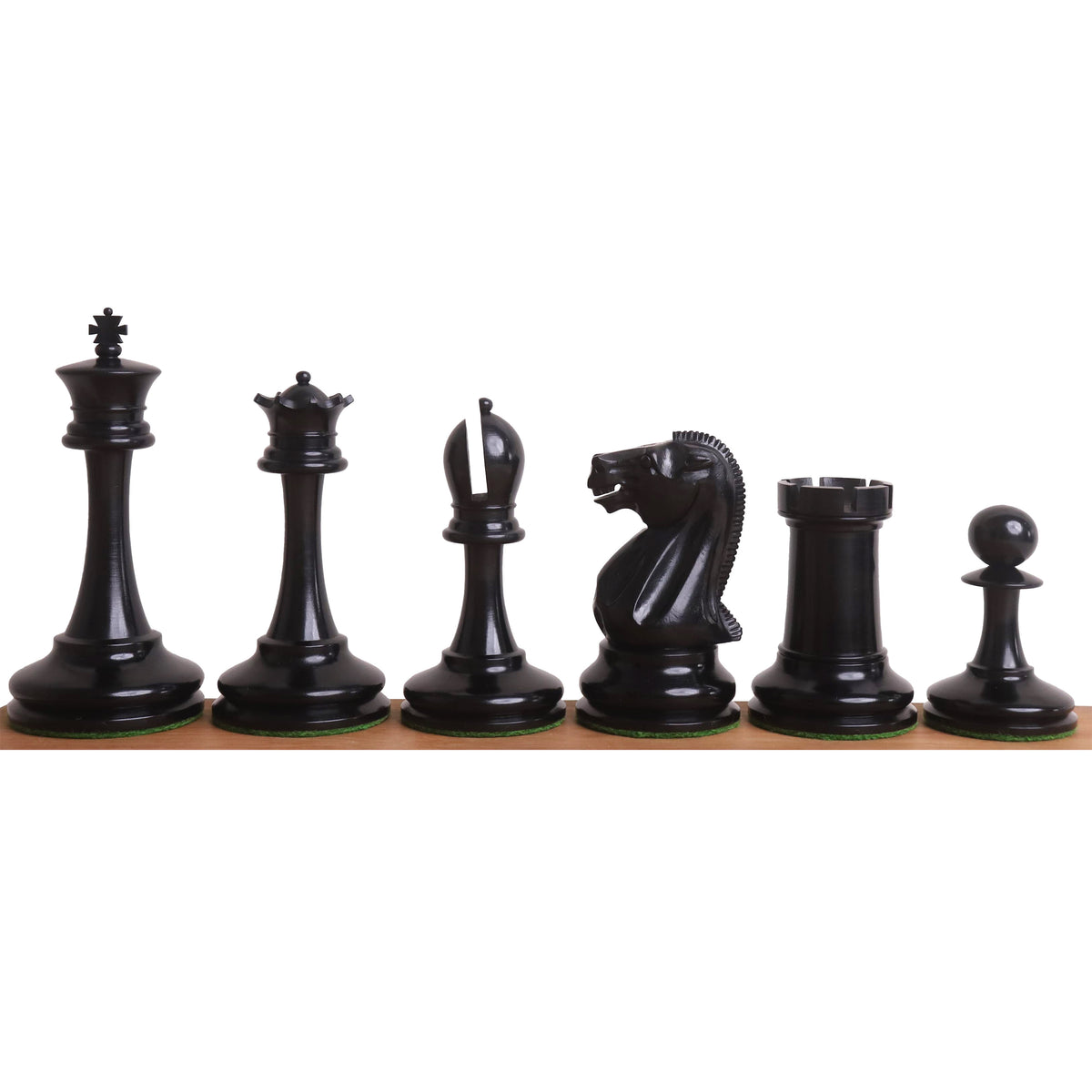 Professional line-up of handcrafted ebony wood chess pieces featuring a 4.2 inch King.