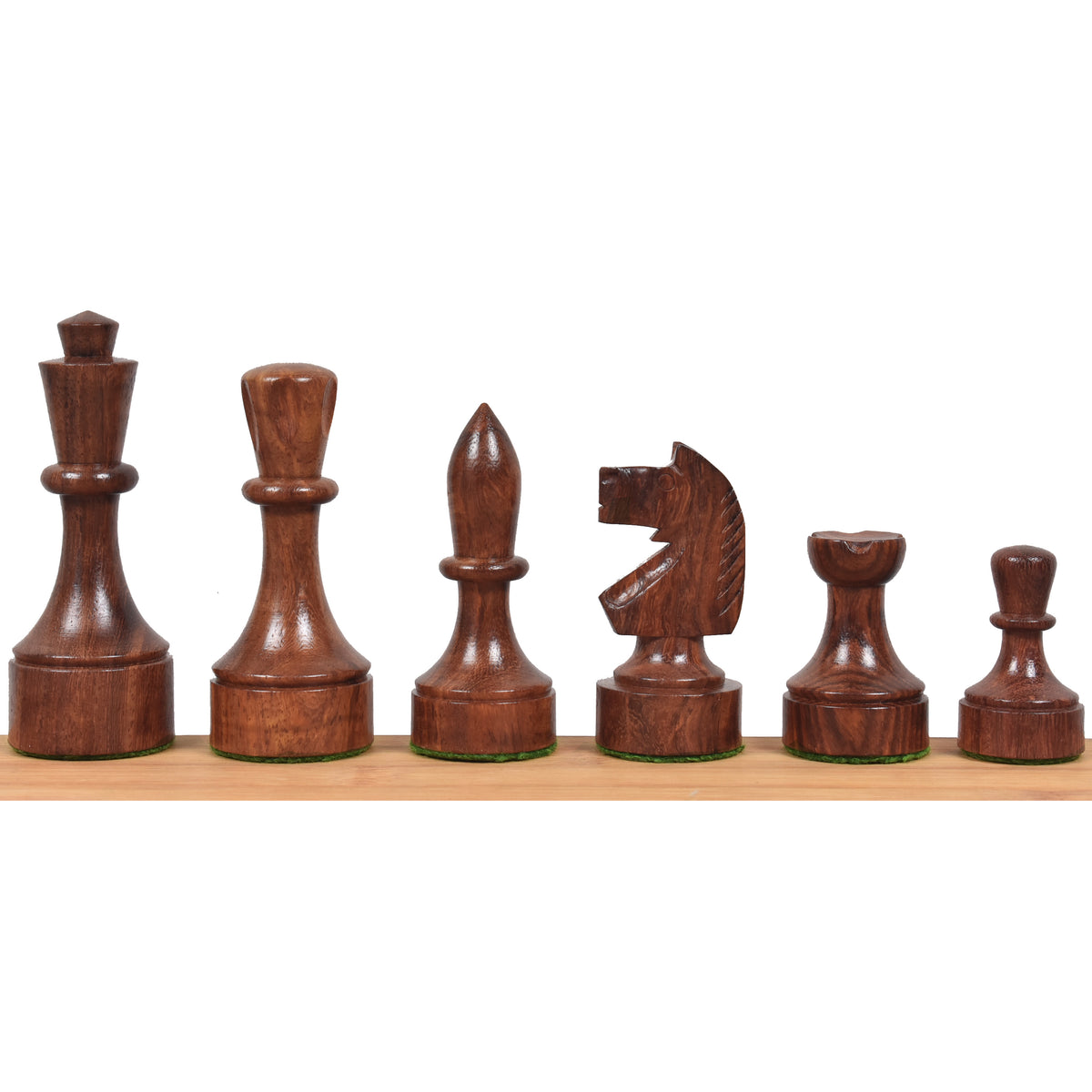 Dark golden rosewood 3.8" Bundesform German Staunton chess pieces lined up by size.