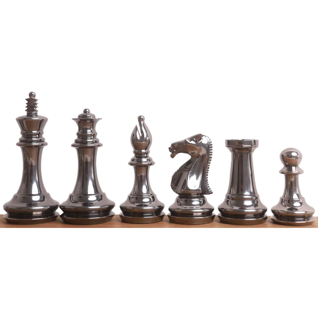 3.9" Set di scacchi di lusso in ottone e metallo della serie Fierce Knight - Solo pezzi - Oro e grigio metallizzato