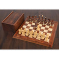 3.1 inch Russian Zagreb chess set arranged on a wooden board with a matching rosewood storage box.