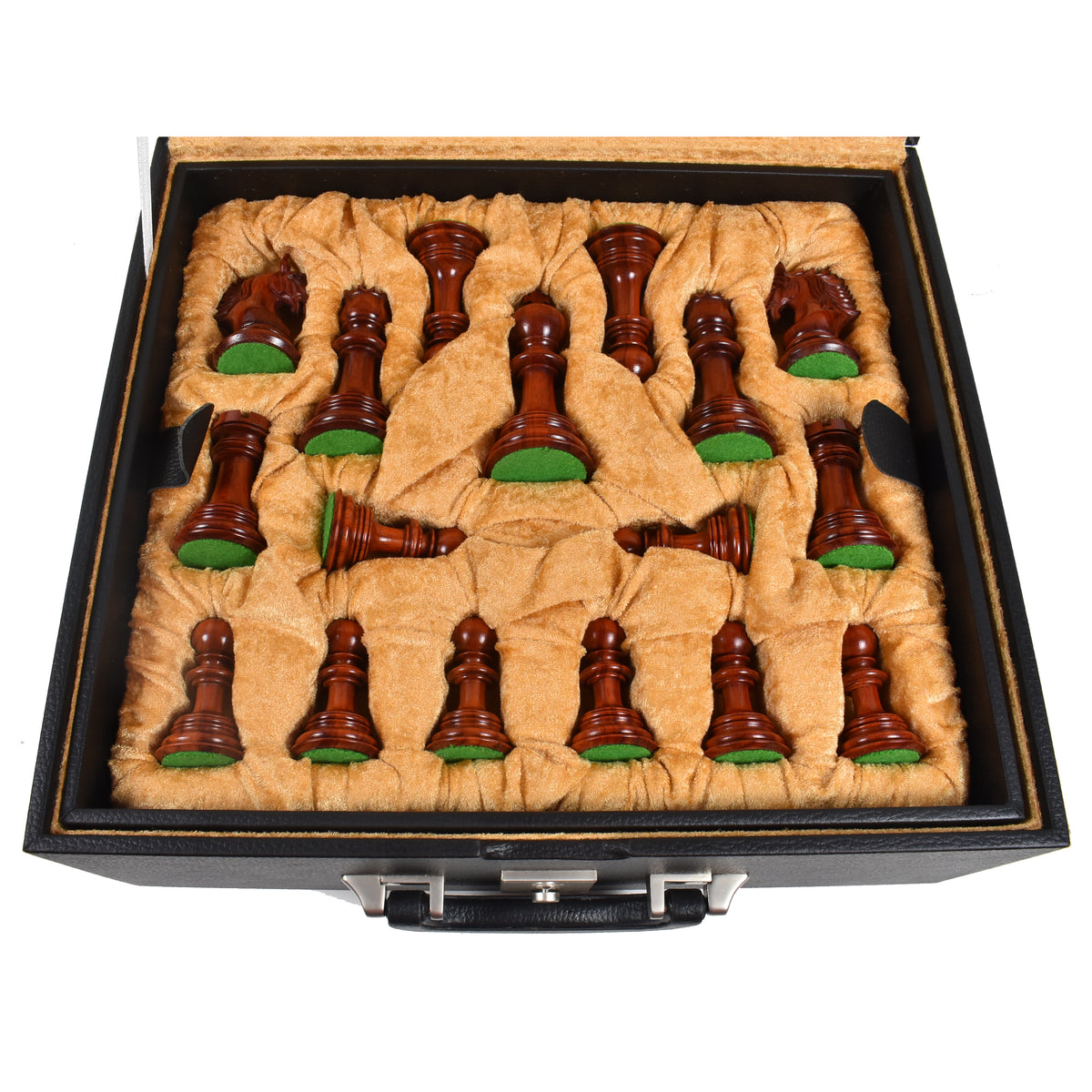 Opened black leatherette storage box with protective gold velvet-lined tray inserts.