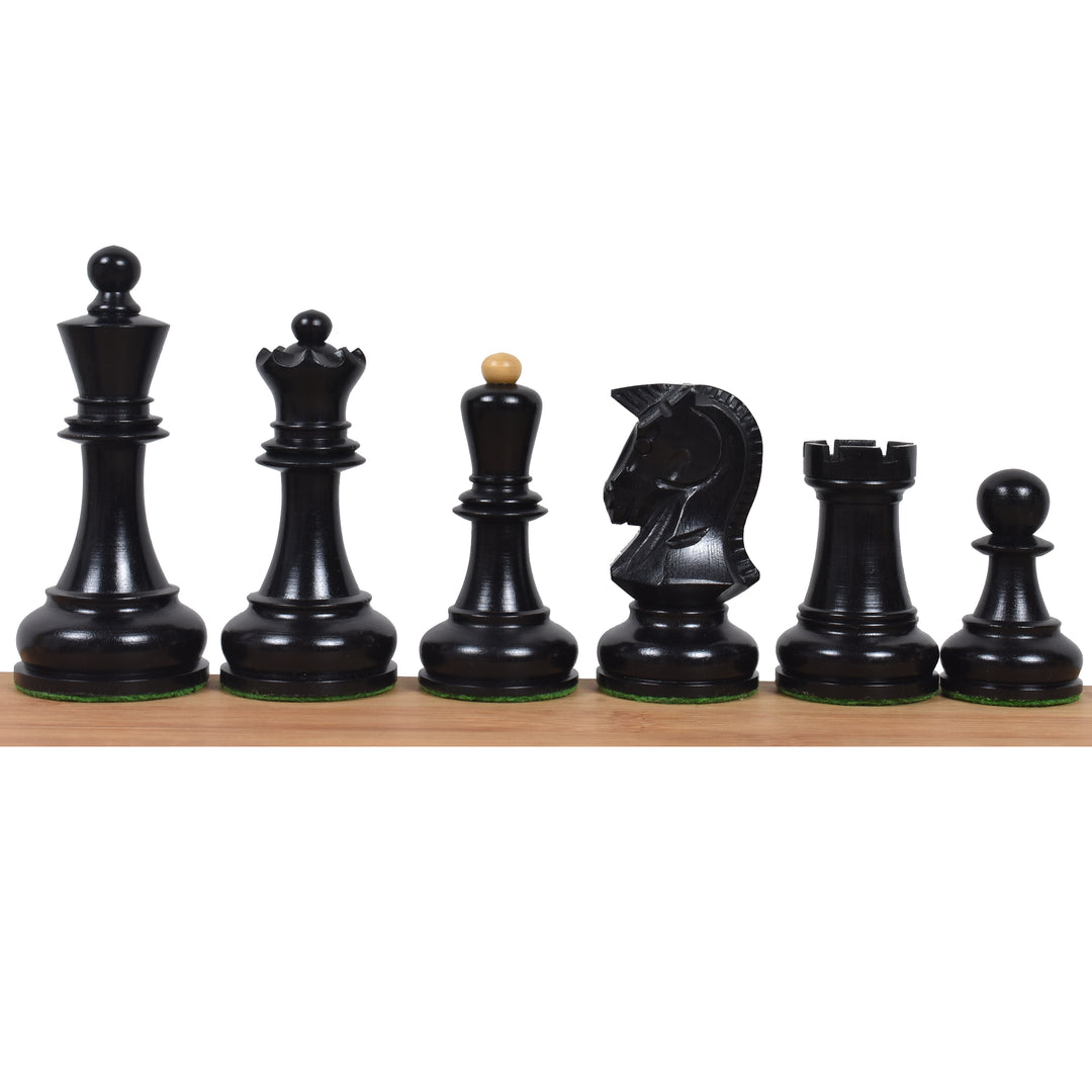 Genuine ebony wood 1970s Dubrovnik chess pieces featuring the iconic opposite-colored miter on the bishop.