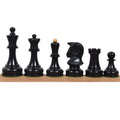 Genuine ebony wood 1970s Dubrovnik chess pieces featuring the iconic opposite-colored miter on the bishop.
