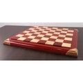 Side perspective of a bud rosewood and maple luxury chessboard highlighting the raised tile design.