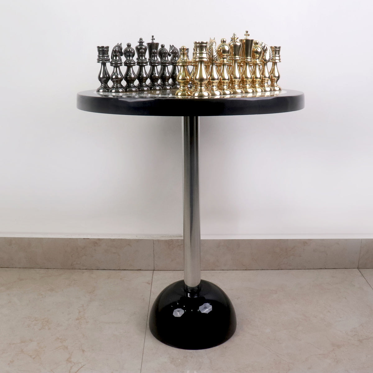 17" Minimalist Brass Metal Luxury Chess Pieces, Board and Table Set - 21" Height - Warehouse Clearance - Europe Shipping Only