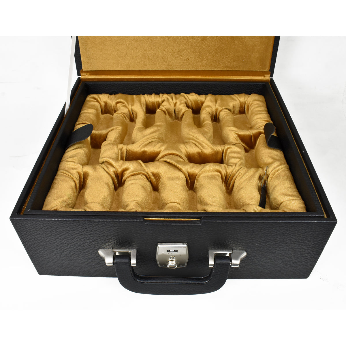Open premium black leatherette chess box with gold velvet interior.