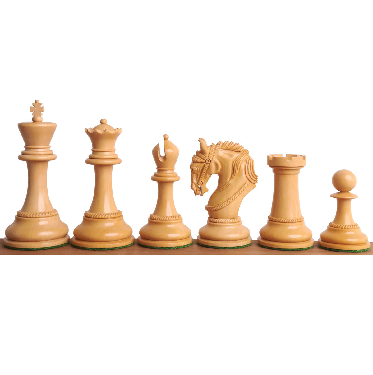 Natural boxwood Imperator luxury Staunton chess pieces showcased in a uniform line.