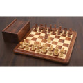 Premium 3.1 inch Staunton chess set in golden rosewood with a matching wooden board and storage box.