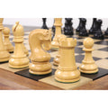 Close-up view of a natural boxwood knight and rook from the 4-inch Leningrad Staunton chess set.