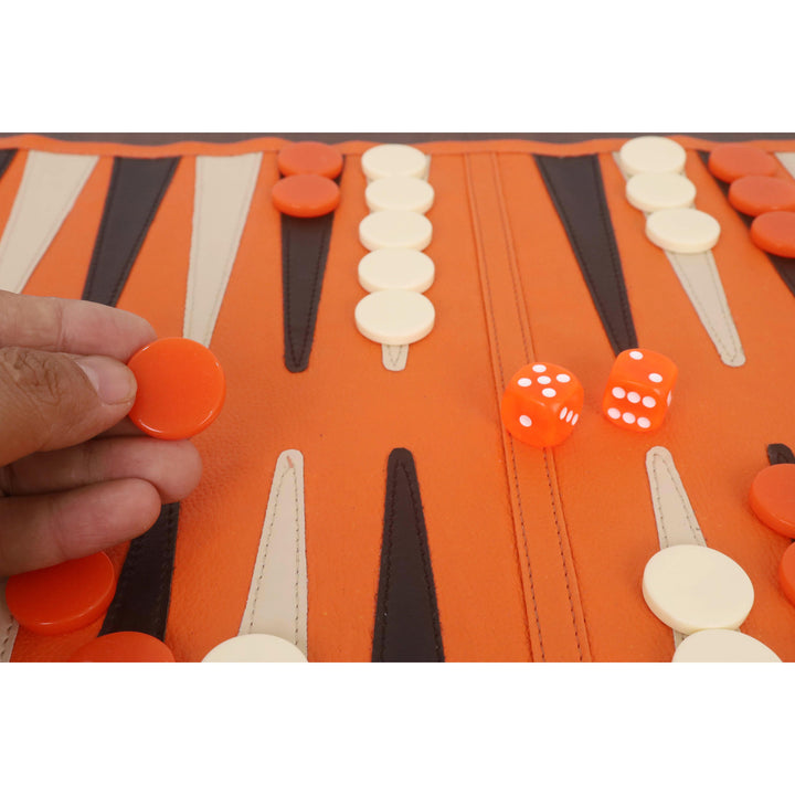 Handcrafted Roll-Up Leatherette Backgammon Set – Portable Travel Board Game in Orange Finish