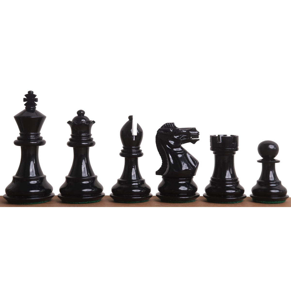 Profile view of black Pro Staunton 3 inch wooden chess pieces against a white background.