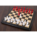 3 inch Pro Staunton red and white chess pieces on a sleek black wooden board.