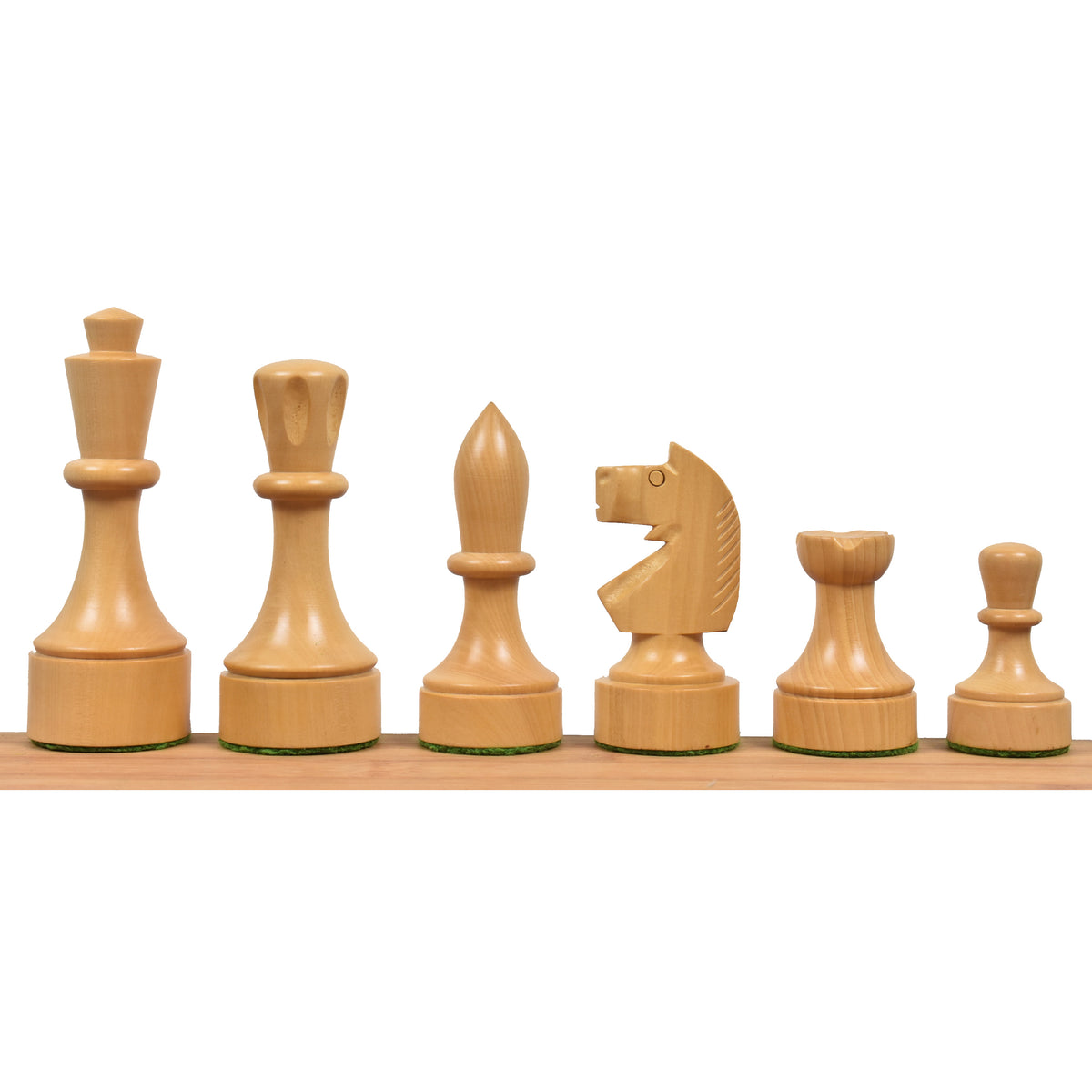 Complete side profile lineup of six light natural boxwood German Staunton alternative chess pieces.