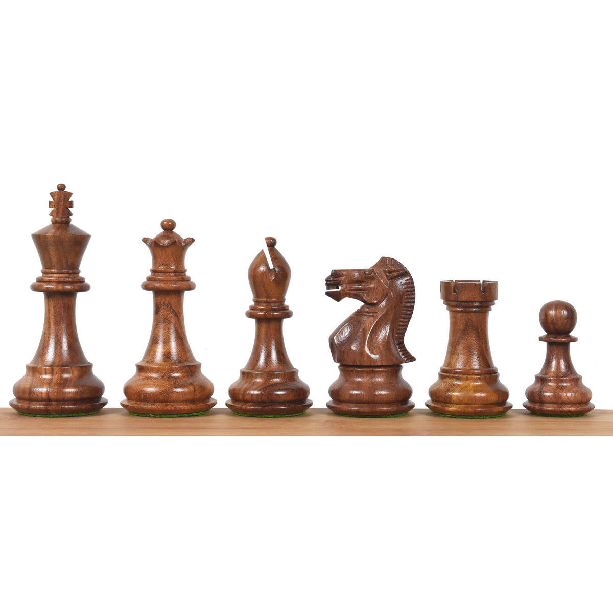 A different angle of the Golden Rosewood Staunton chess pieces lineup.
