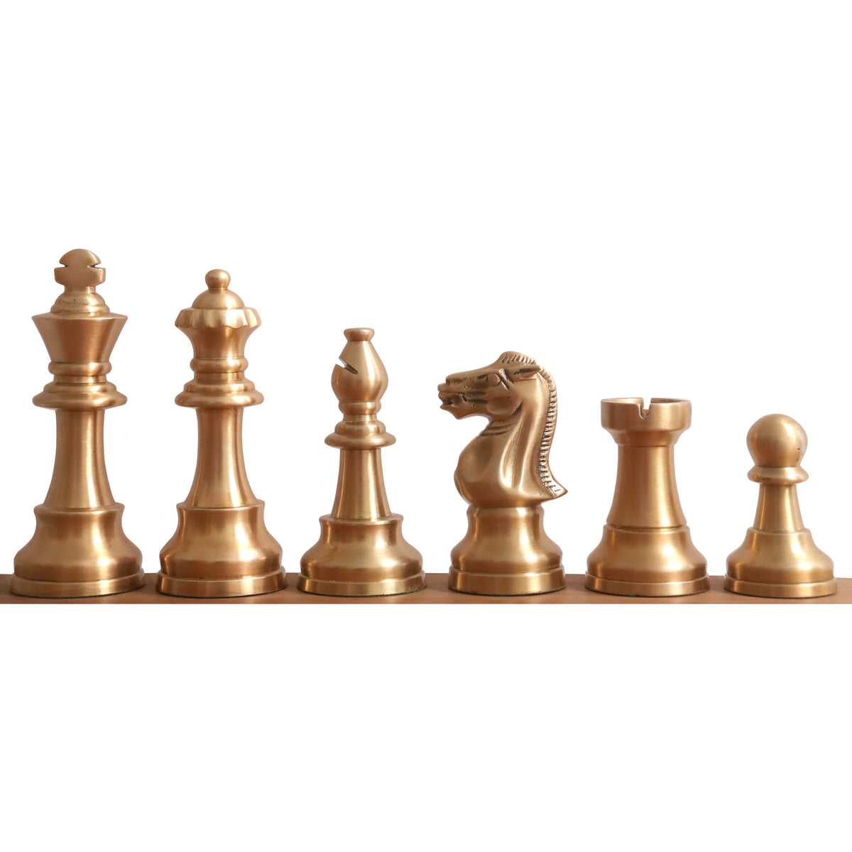 Complete lineup of antique brass Pro Staunton metal chess pieces arranged from king to pawn.