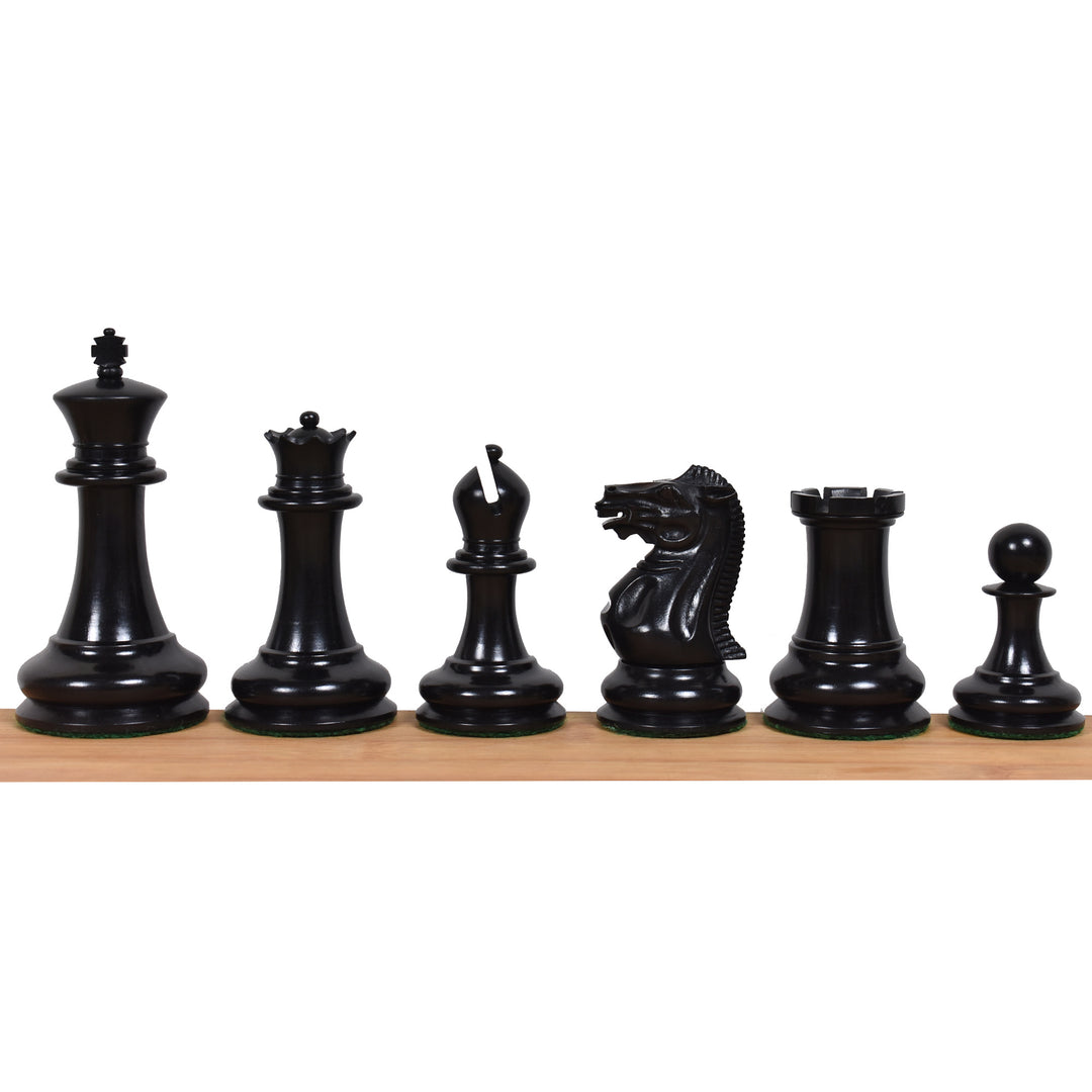 Solid ebony wood Staunton chess pieces lineup showcasing dark finish