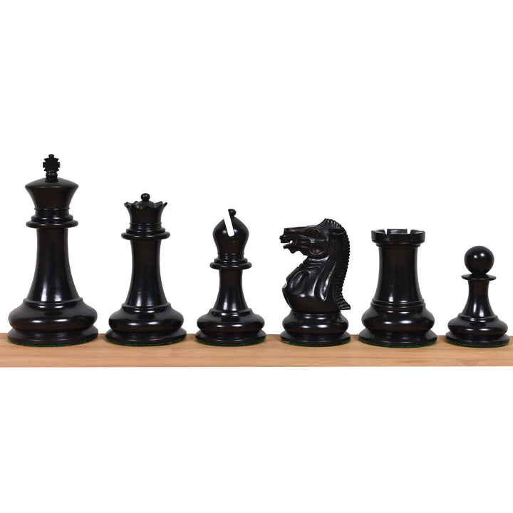 Solid ebony wood Staunton chess pieces lineup showcasing dark finish