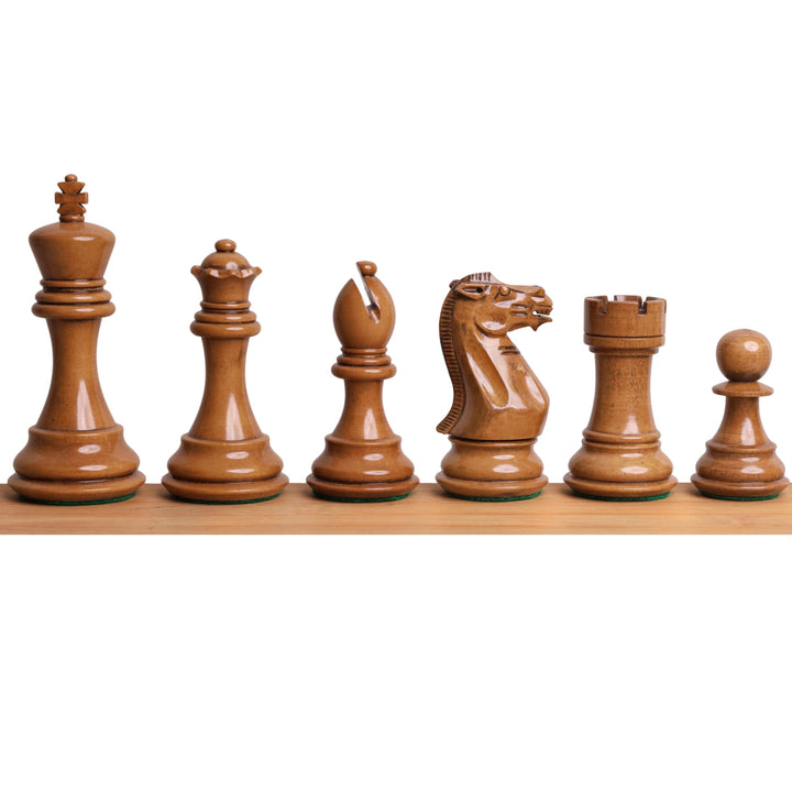 4.1" Pro Staunton Weighted Wooden Chess Set- Chess Pieces Only - Lacquered Distress Antiqued Boxwood & Mahogany Stained Boxwood