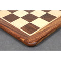 Side profile of a 21-inch large wooden chess board highlighting the polished rosewood border.