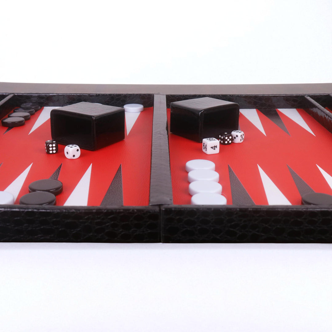 Juego de backgammon de cuero sintético negro de 18 pulgadas: juego de mesa de viaje tipo maletín con superficie de juego roja y blanca.