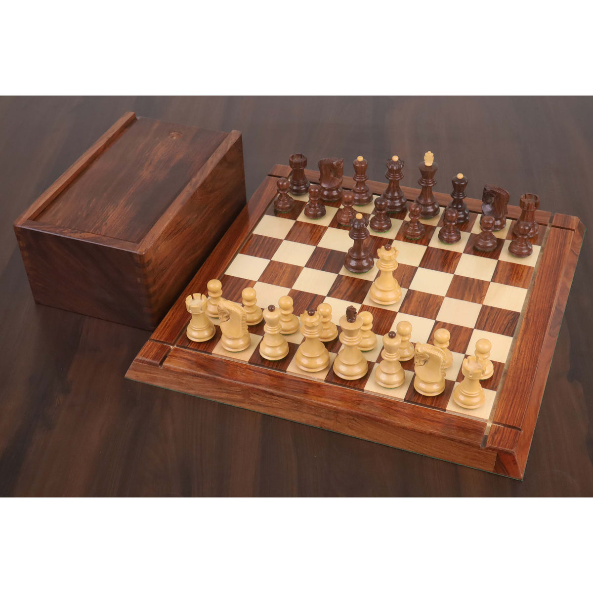 3.1" 俄罗斯萨格勒布国际象棋套装组合 - 金玫瑰木棋子配棋盘和棋盒