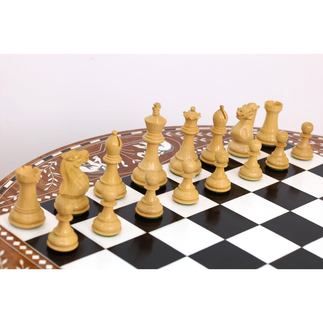 Mesa de Ajedrez Redonda Boutique de Lujo de 24" con Piezas de Ajedrez Staunton - Boj Ebonizado Contrapesado