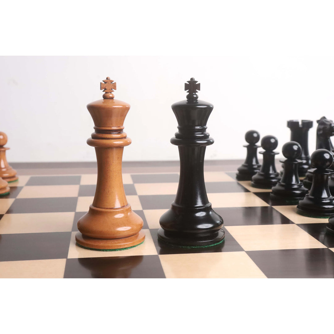 Large 4.5 inch kings in antiqued boxwood and ebony from the reproduced 1849 Staunton chess piece collection.