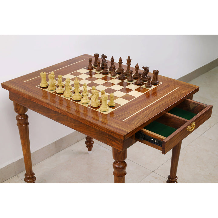 Combo of 30" Chessmaster's Series Golden Rosewood Chess Table with 4.1" Pro Staunton Weighted Golden Rosewood Pieces with Storage Drawers
