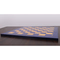 A low-profile side view of the 22 inch blue chess board showcasing its thickness and smooth square edges.