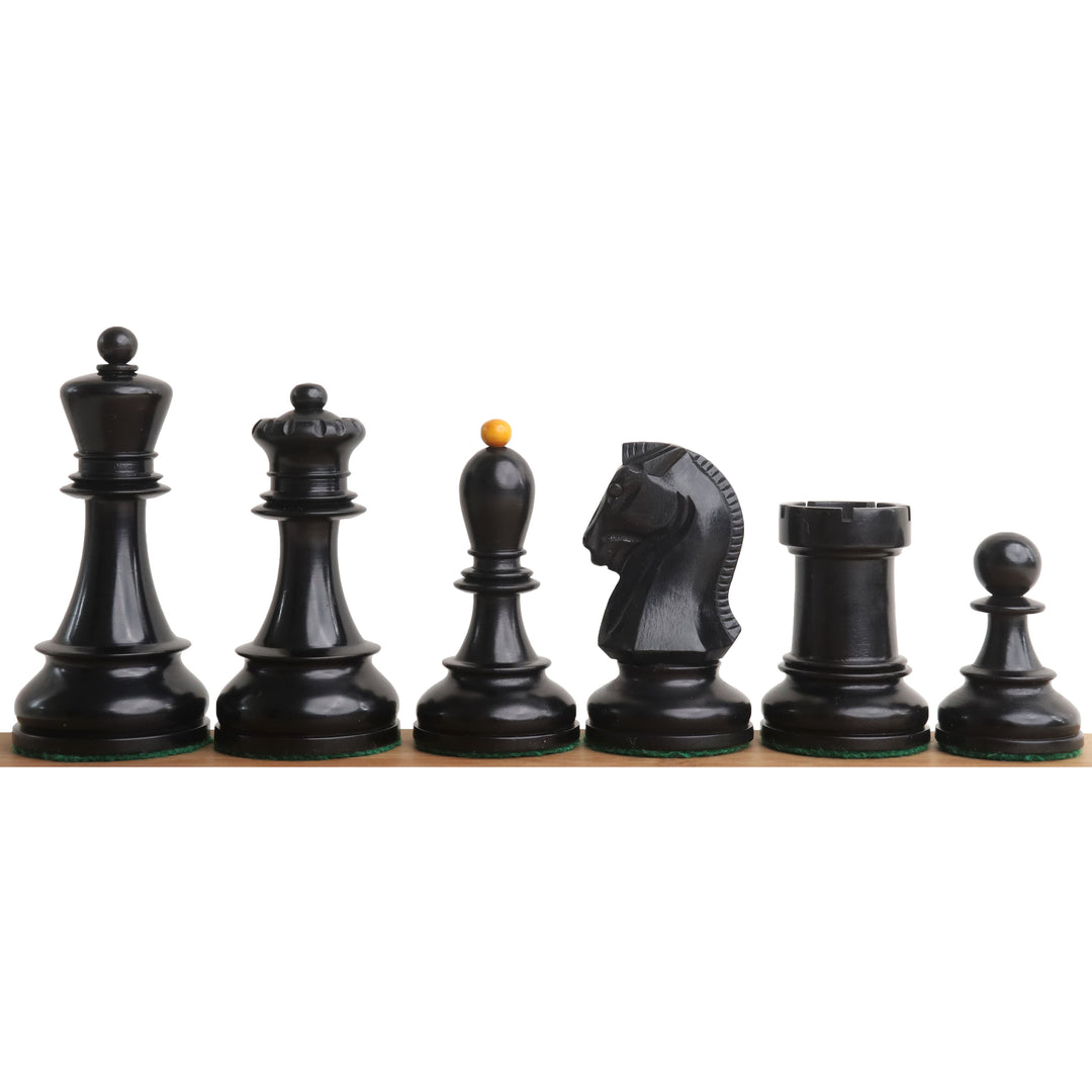 Close-up of black antiqued boxwood 1950s Fischer Dubrovnik chess pieces.