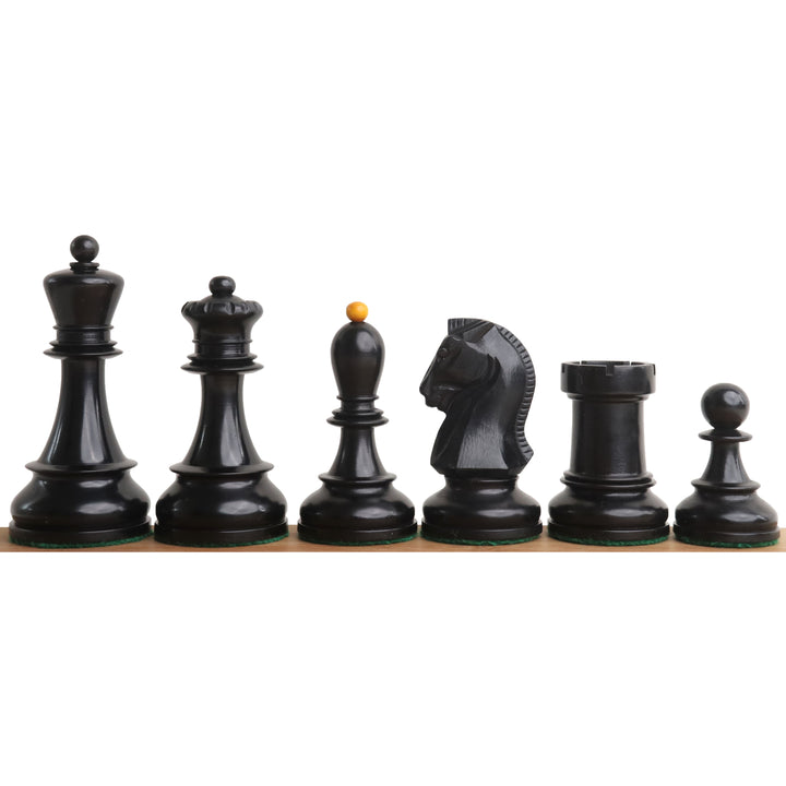 Close-up of black antiqued boxwood 1950s Fischer Dubrovnik chess pieces.