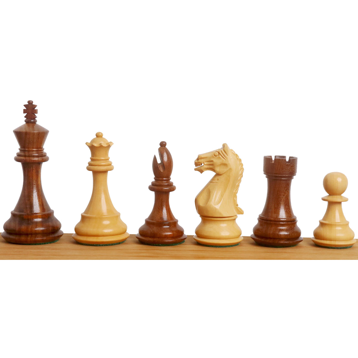 Six Fierce Knight Staunton chess pieces in alternating golden rosewood and boxwood.