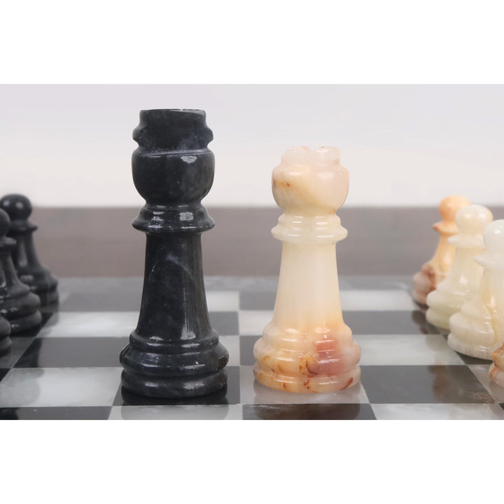 Slightly Imperfect Onyx Marble Chess Pieces & Board Combo Set - 12" - Black and White Stone