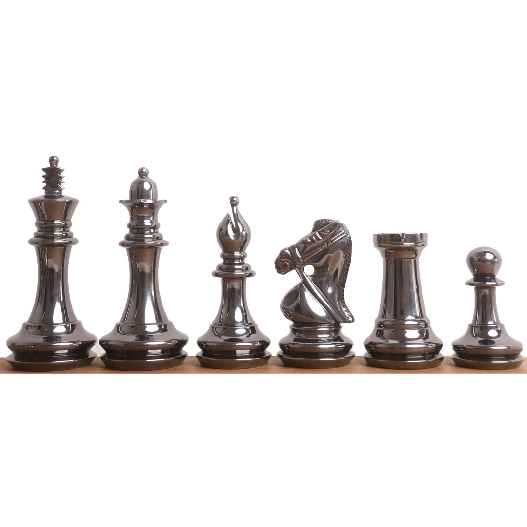 3.9" Bridle Series Luxury Brass Metal Chess Set Combo in Metallic Gold & Grey – 21" Ebony & Maple Matte Board & Leatherette Coffer Box