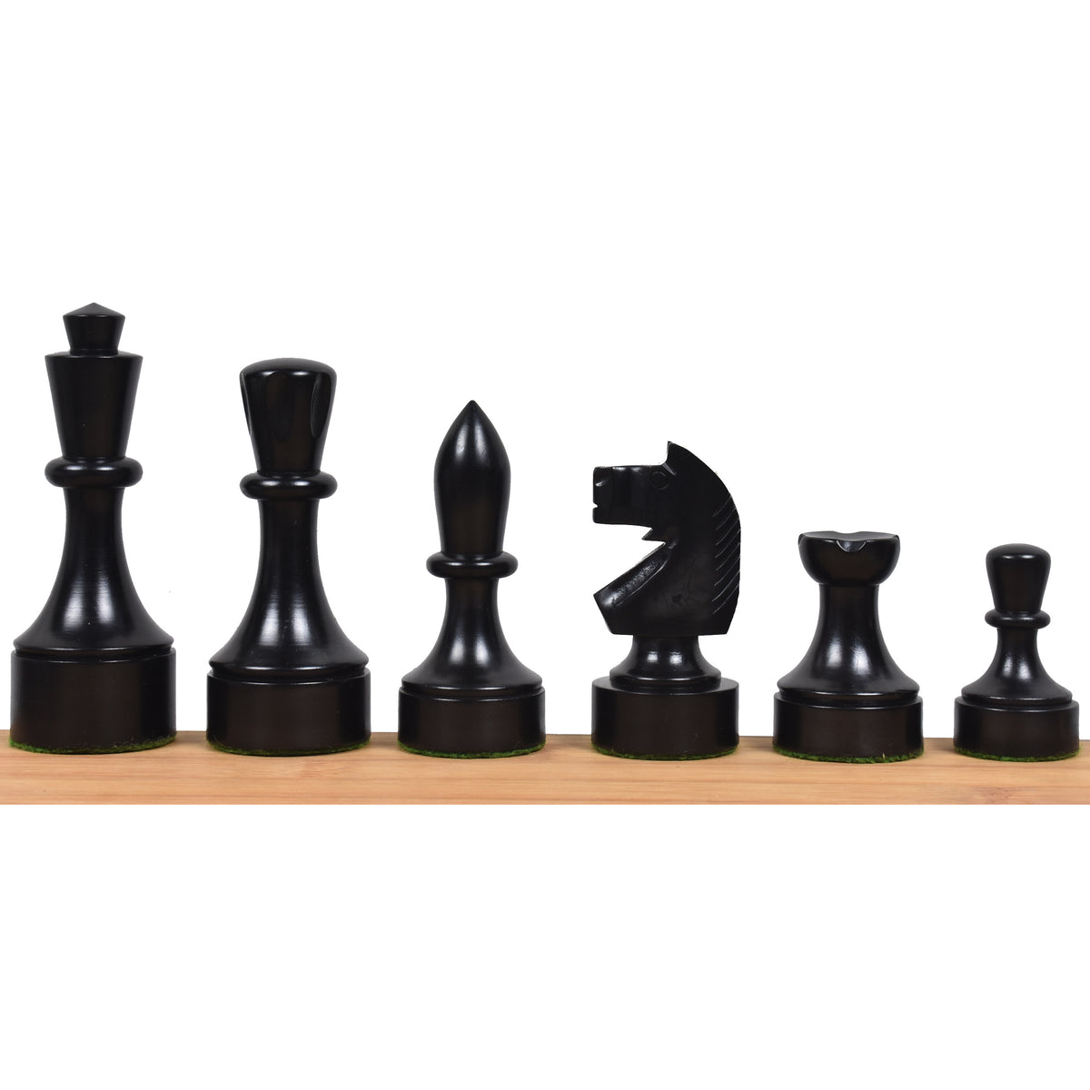 Six dark ebonised boxwood Bundesform alternative chess pieces arranged neatly against a plain background.