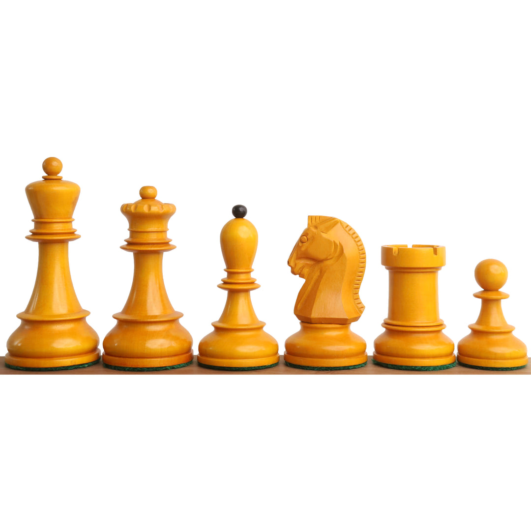 Close-up of natural boxwood 1950s Fischer Dubrovnik chess pieces in a row.