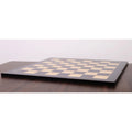 Side profile of a 26 inch ebony and maple wood printed chess board showcasing its sleek, flat design.