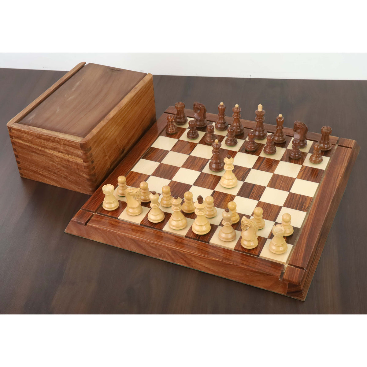 Complete 2.6 inch Russian Zagreb chess set combo with wooden board and storage box.