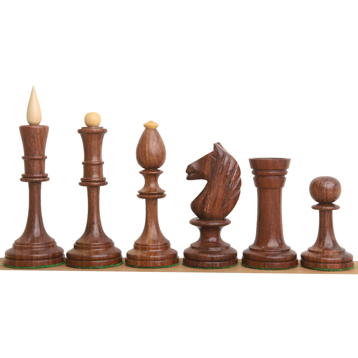 Individual dark golden rosewood chess pieces from the Averbakh Soviet set.