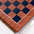 Detailed perspective of the 57mm squares on the Brown Ash Burl and Burl Ebony printed chess board.