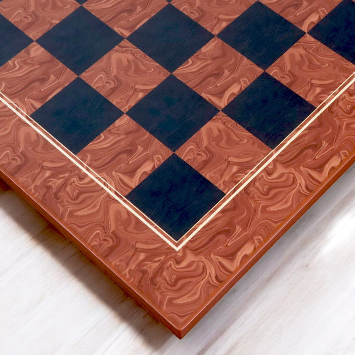 Detailed perspective of the 57mm squares on the Brown Ash Burl and Burl Ebony printed chess board.