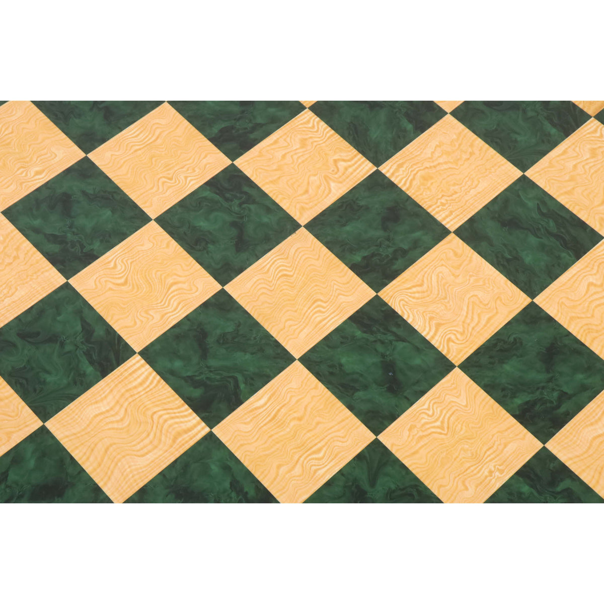 Top-down view of a green and natural ash burl wooden chess board.