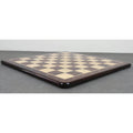 Perspective view of the thin, flat profile of the 21 inch Rosewood and Maple tournament chess board.