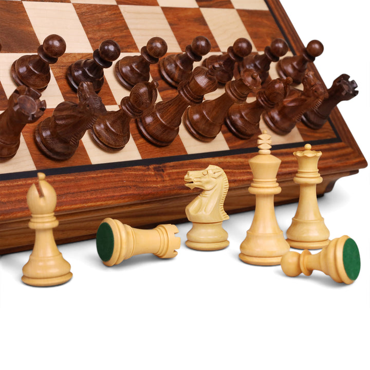 Detailed macro shot of traditional wooden chess pieces and a luxury wooden chess board.